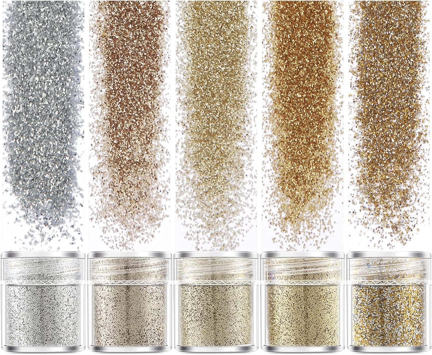 Ambesi 35 Grams Fine Glitter, 5 Colors Gold Silver Extra Fine Glitter, Holographic Ultra Fine Glitter for Makeup Body Nail Face Hair Eyeshadow Lip Gloss, Arts Crafts Slime Resin Glitter Sequins Set