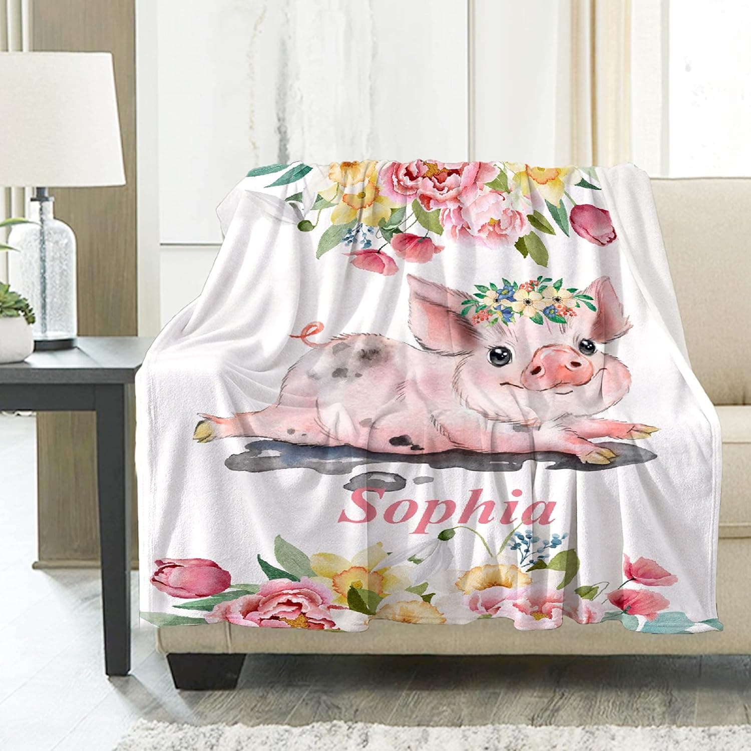 Custom Baby Blanket with Name Personalized Pig Baby Flower Blankets for Girl, Boy Gift, Ultra Soft Lightweight Warm Flannel Fleece Blanket Suit for Couch, Bed, Sofa, Home, 50"x60" for Teens