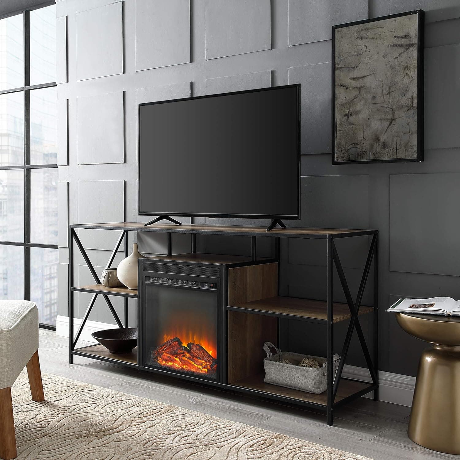 Walker Edison Industrial Farmhouse Metal X and Wood Universal Fireplace Stand with Open Shelves TV's up to 64" Flat Screen Living Room Storage Entertainment Center, 60 Inch, Reclaimed Barnwood