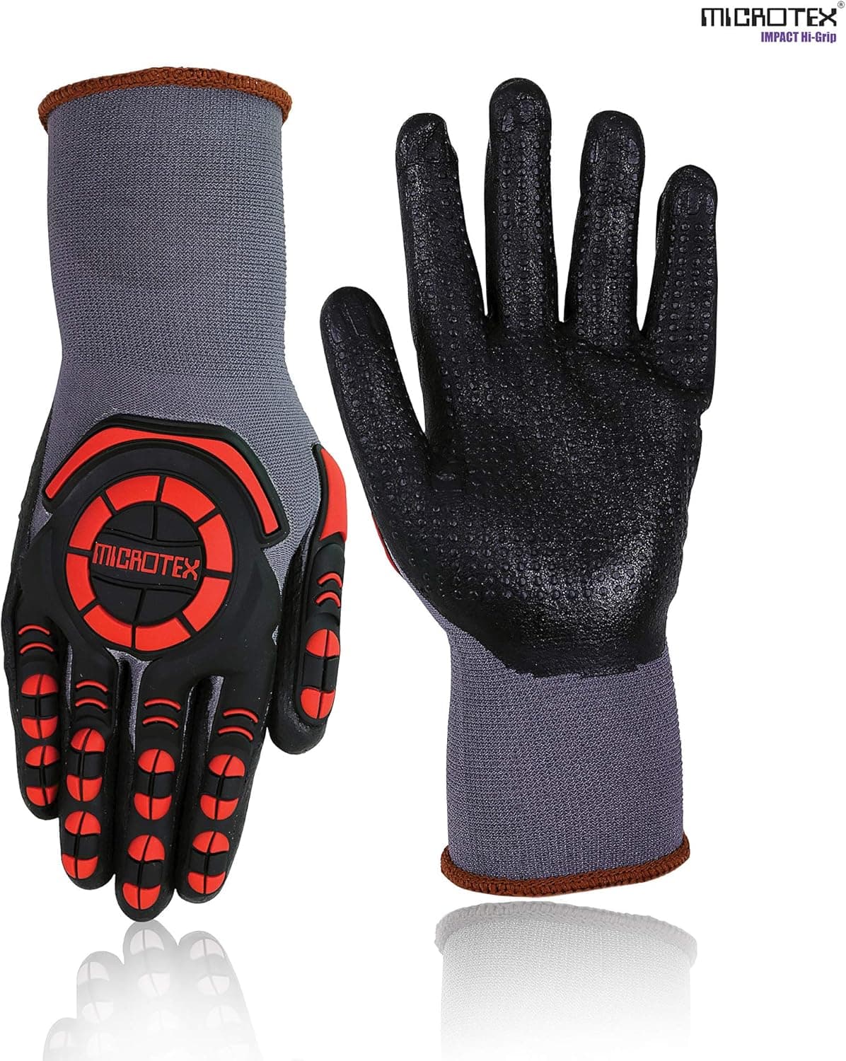IMPACT GRIP SAFETY AND WORK GLOVES – Micro form Nitrile Coating, Seamless Nylon Knit Safety Work Gloves, impact & Abrasion resistant (Large)