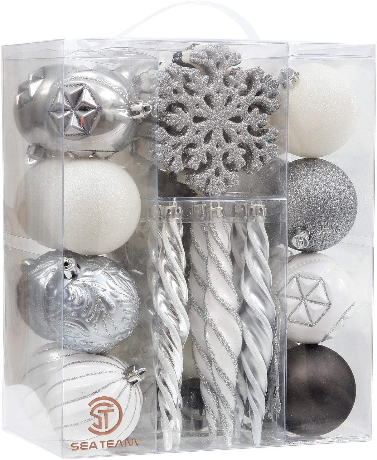 Sea Team 62-Pack Assorted Shatterproof Christmas Ball Ornaments Set Decorative Baubles Pendants with Reusable Hand-held Gift Package for Xmas Tree (Silver, White, Grey)