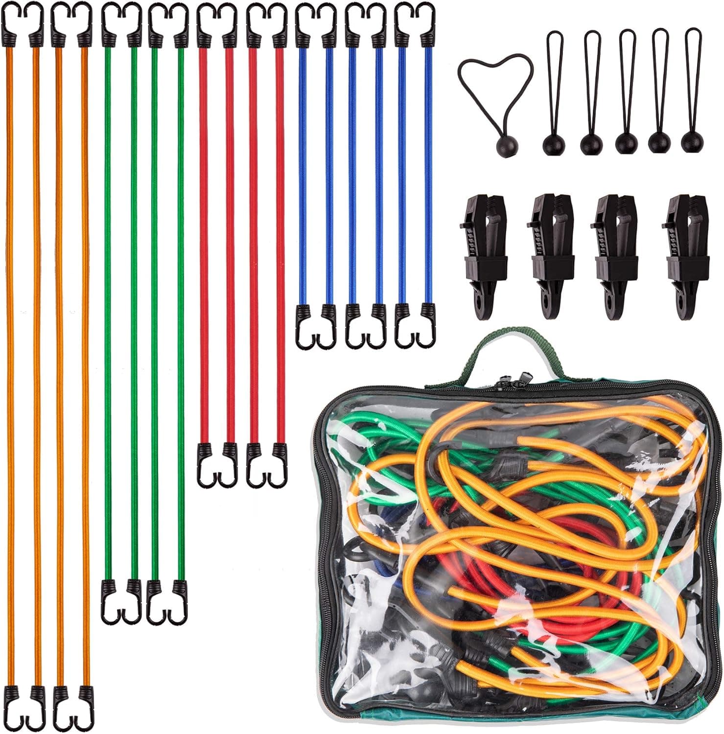 Bungee Cords Heavy Duty with Hooks – Bunji Cords with Hooks 28 Piece Set – Bungie Cord Kit – Bike Rack Bungy Cords with Hooks Double UV Coating – Bungee Straps Cable Assortment