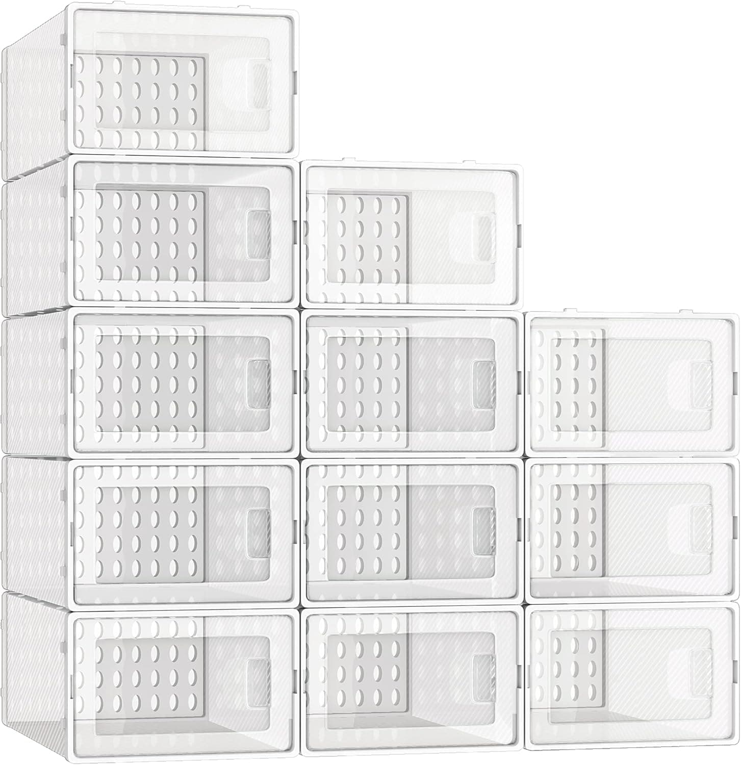 Fixwal 12 Pack Shoe Storage Box Shoe Organizer Boxes Clear Stackable Plastic Shoe Boxes with Lids, Shoe Organizer for Closet Sneaker Storage Bins Holders, Shoe Display Case (13×9.5×6.2 Inch)