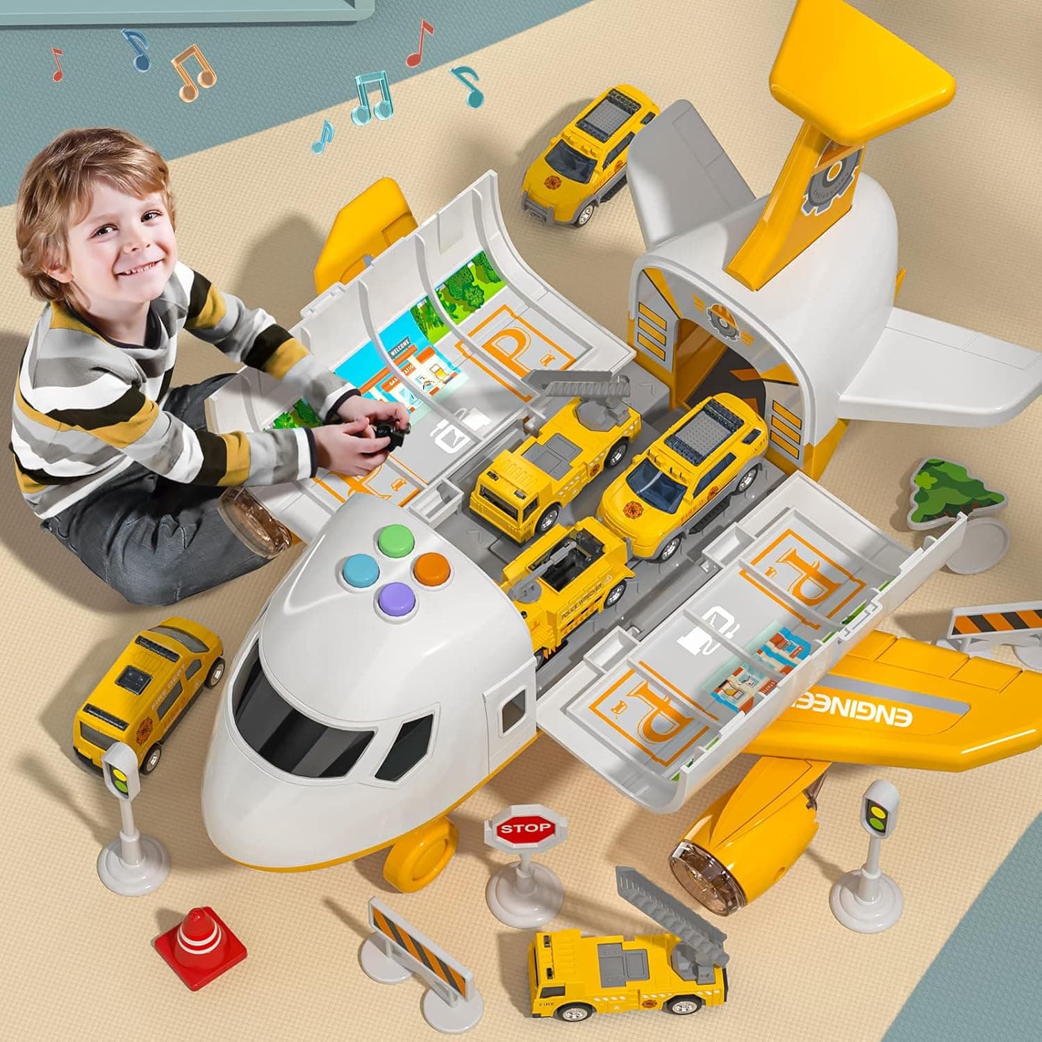 TEMI Transport Plane with Traffic Signs and 4 Construction Car Toys, Kids Plane with Lights & Sounds for 3 4 5 6 7 Year Old Boys and Girls