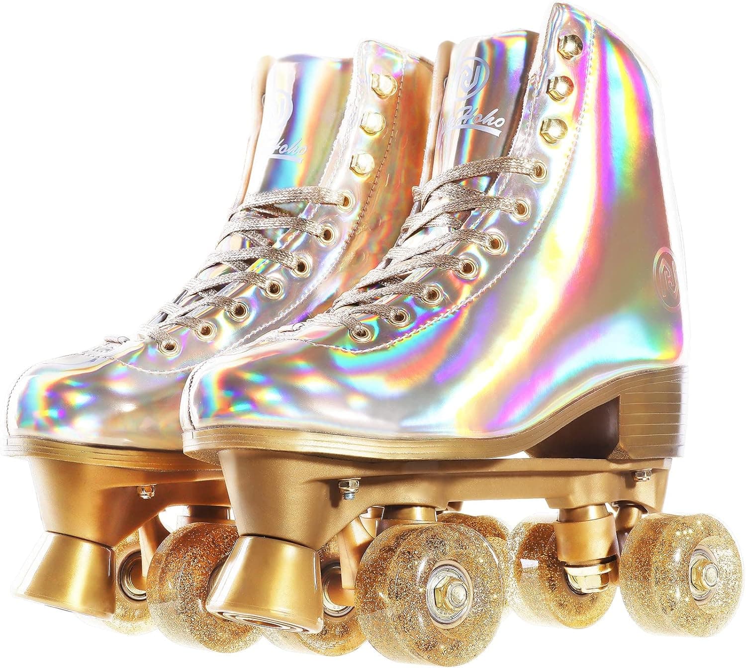 JajaHoho Roller Skates for Women, Holographic High Top PU Leather Rollerskates, Shiny Double-Row Four Wheels Quad Skates for Girls and Age 8-50 Indoor Outdoor