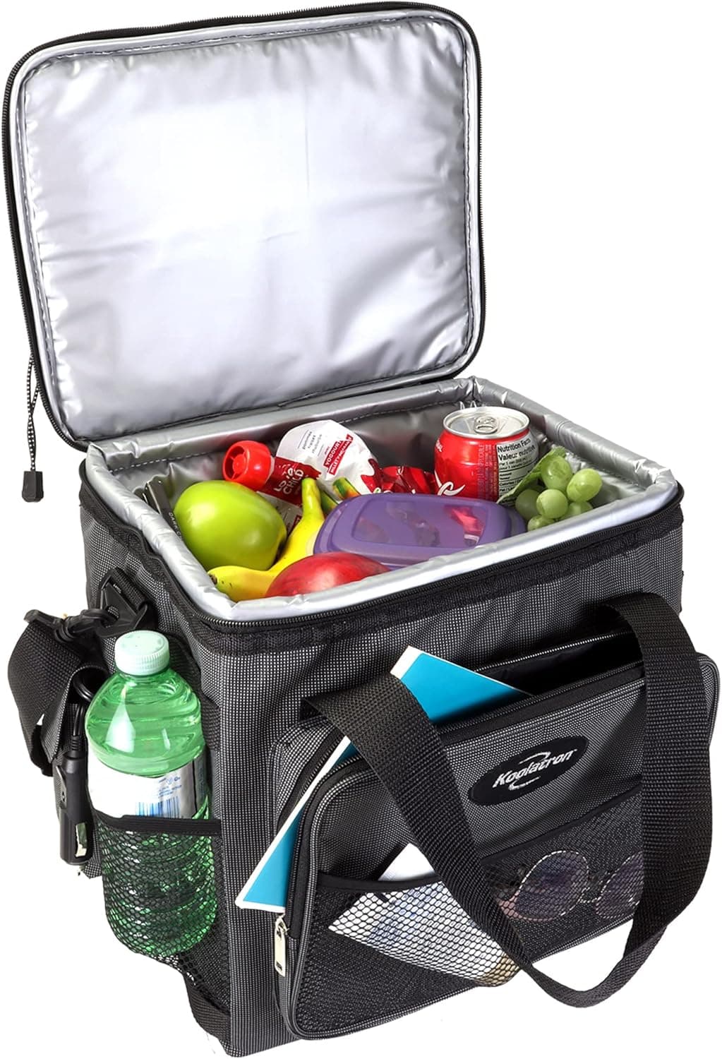 Koolatron Thermoelectric Iceless 12V Cooler Bag, 14 qt (13 L) Black/Gray Soft-Sided Portable Car Fridge w/DC Power Cord, Adjustable Shoulder Strap, Cord Storage, Travel Fishing Trucking Road Trip