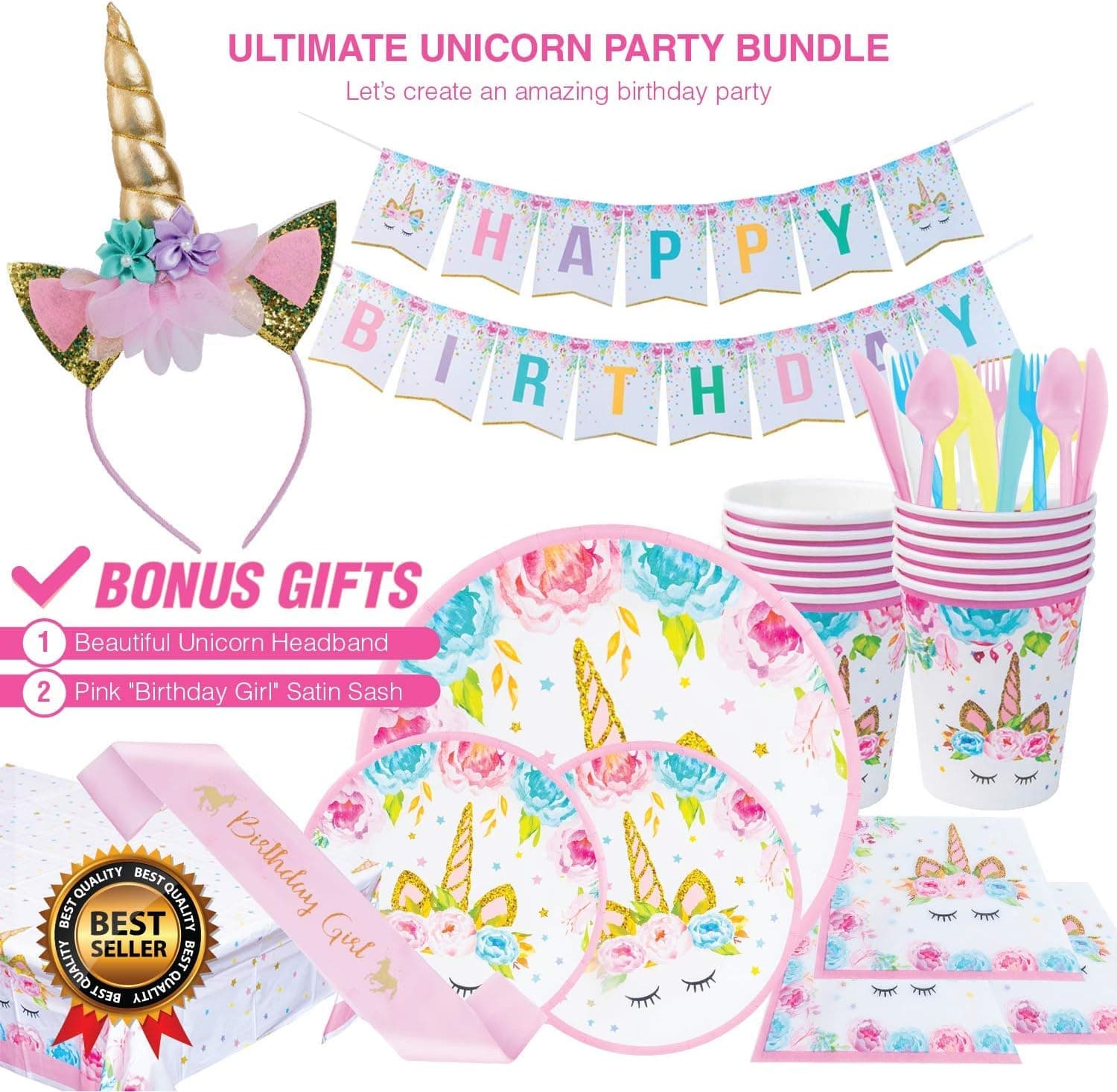 Unicorn Party Supplies, Decorations, Tableware Set - Unicorn Birthday Banner - Bonus Unicorn Headband & Birthday Sash - 116 Pcs - Serves 16 Guests
