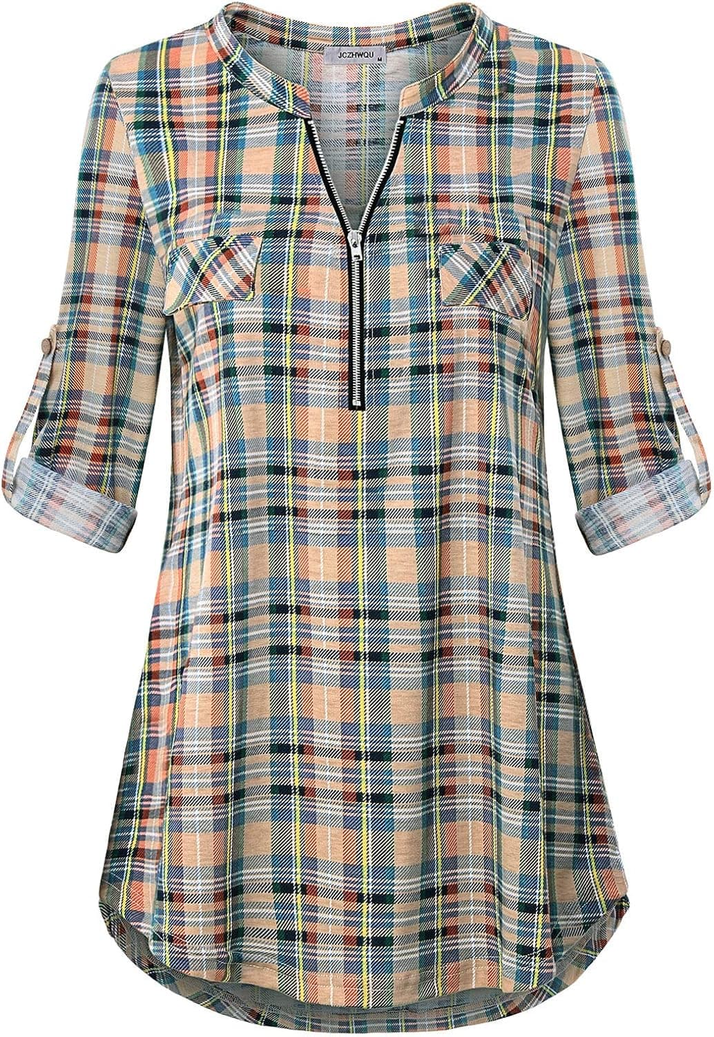 JCZHWQU Women's Zip Up V Neck 3/4 Rolled Sleeve Casual Tunic Shirt