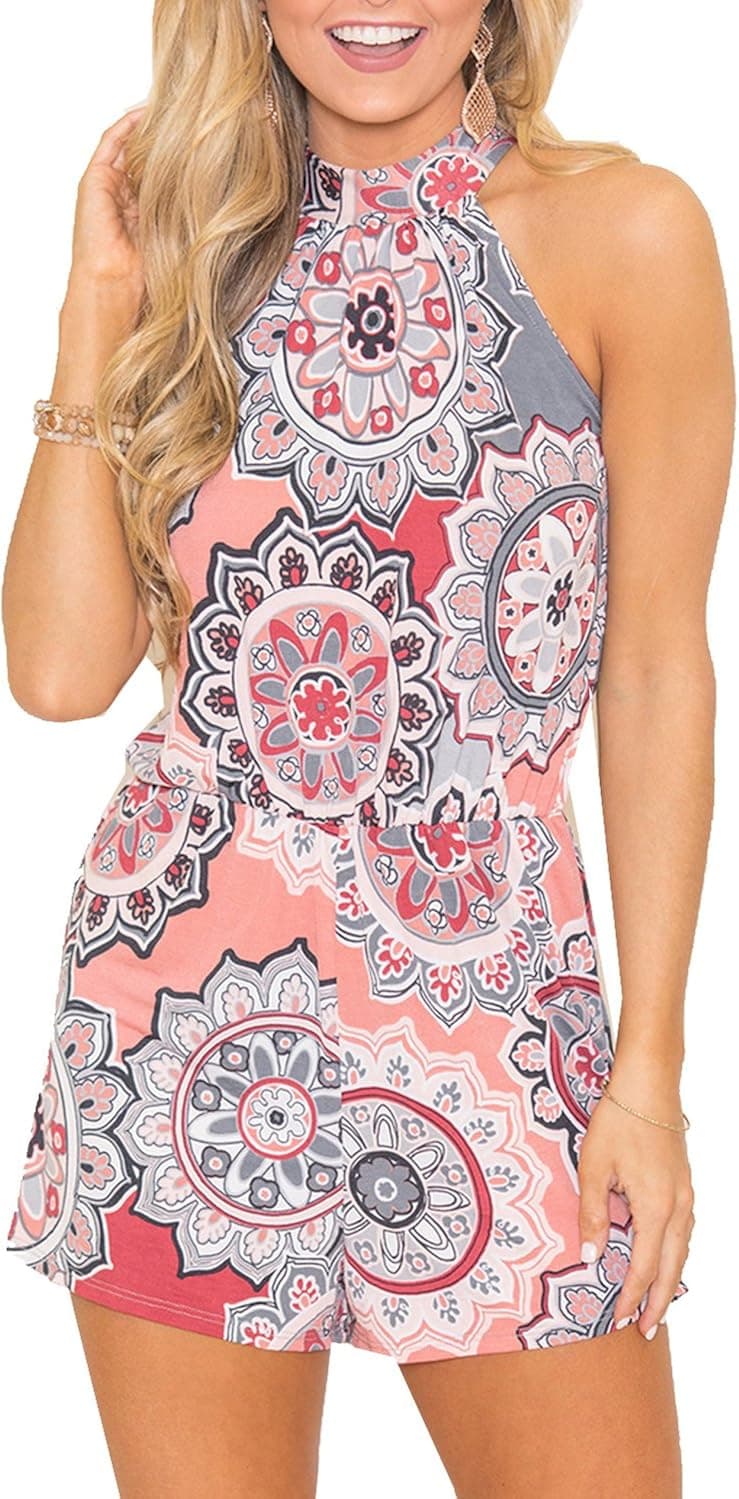 Relipop Women's Jumpsuits Floral Print Sleeveless Elastic High Waist Casual Short Romper