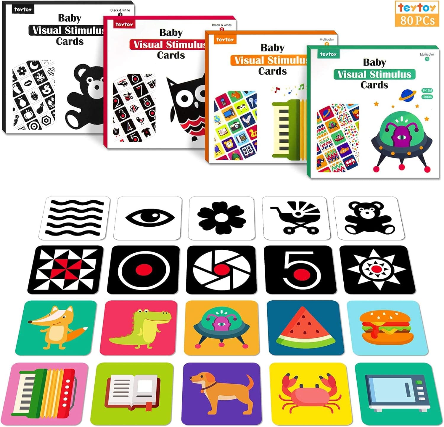 teytoy High Contrast Baby Flash Card, 80 PCs 160 Page Newborn Black White Colorful Visual Stimulation Learning Card, Educational Infants Toys Gift 0 3 6 9 12 Months 5.7 x 5.7‘’