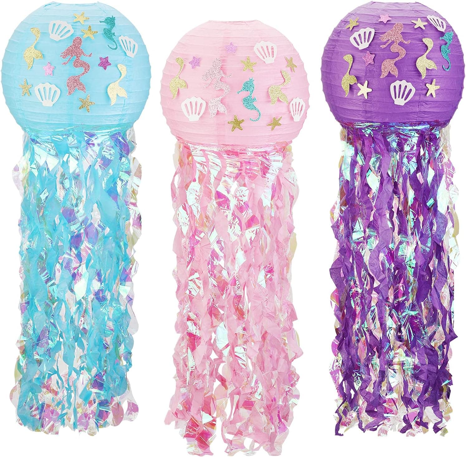 Mermaid Hanging Jellyfish Paper Lanterns, 3 Pack Mermaid Themed Glitter Hanging Jellyfish Paper Lanterns with Bright Strip Decoration and Mermaid Stickers for Girls Birthday, Bedroom, Party Decoration