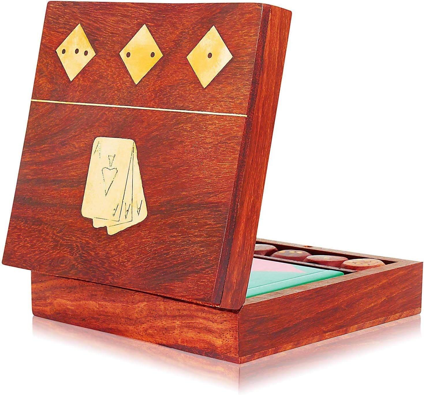Unique Birthday Gift Ideas Handcrafted Classic Wooden Playing Card Holder Deck Box Storage Case Organizer With Dice & Single Pack of Premium Quality 'Ace' Playing Cards Anniversary Gifts For Him Her