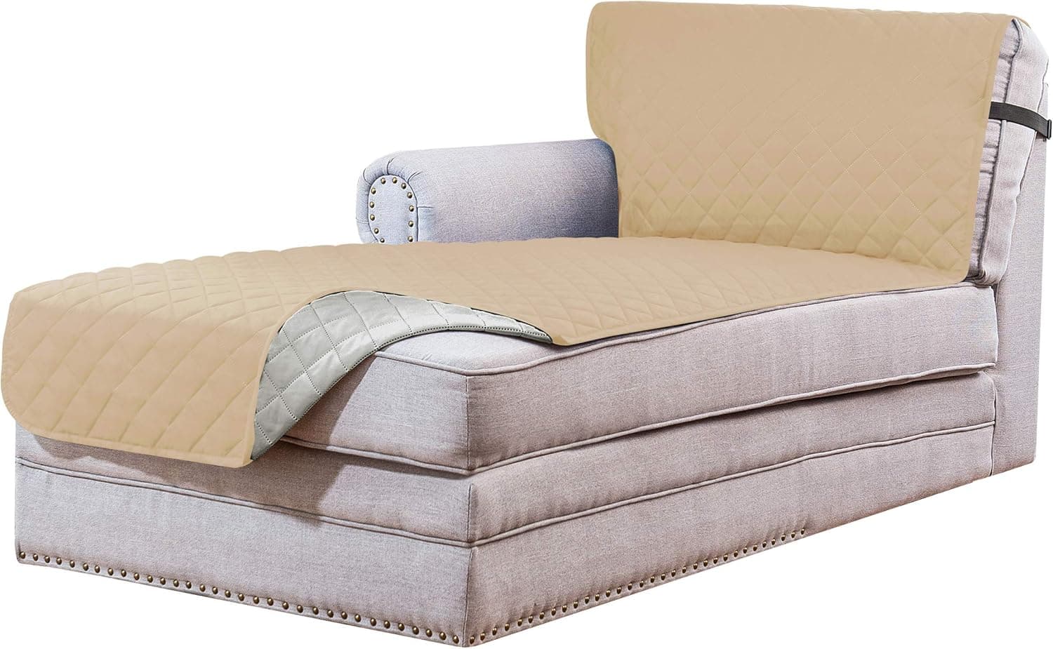 subrtex Reversible Sofa Chaise Slipcover Protector, Washable Furniture Protector, Chaise Lounge Slip Cover for Pets Dogs with Elastic Adjustable Strap 102x34.5 Inch (Sand)