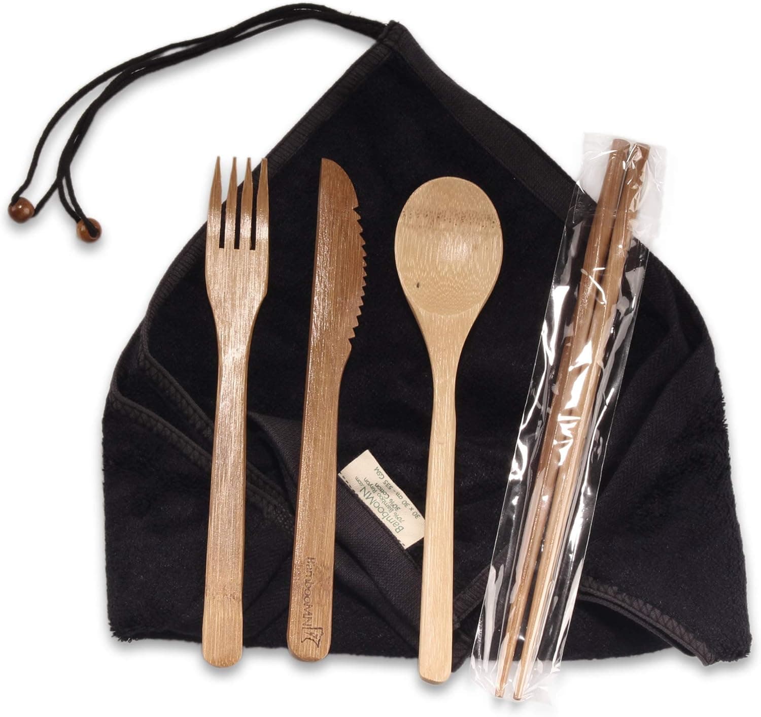 BambooMN Reusable Bamboo Travel Utensils, Spoon, Fork, Knife, Chopsticks, with 2 100% Rayon from Bamboo Washcloth Wraps - 1 Set, Black