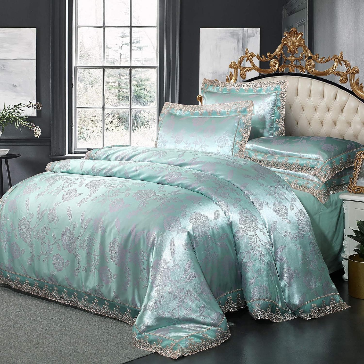 Lace Jacquard Duvet Cover,Lace Princess Bedding Set,European 3 Piece Bedding Set,Twin Size Quilt Set,Queen Size Duvet Cover,King Size Bedding Sets. (Light Green, King)