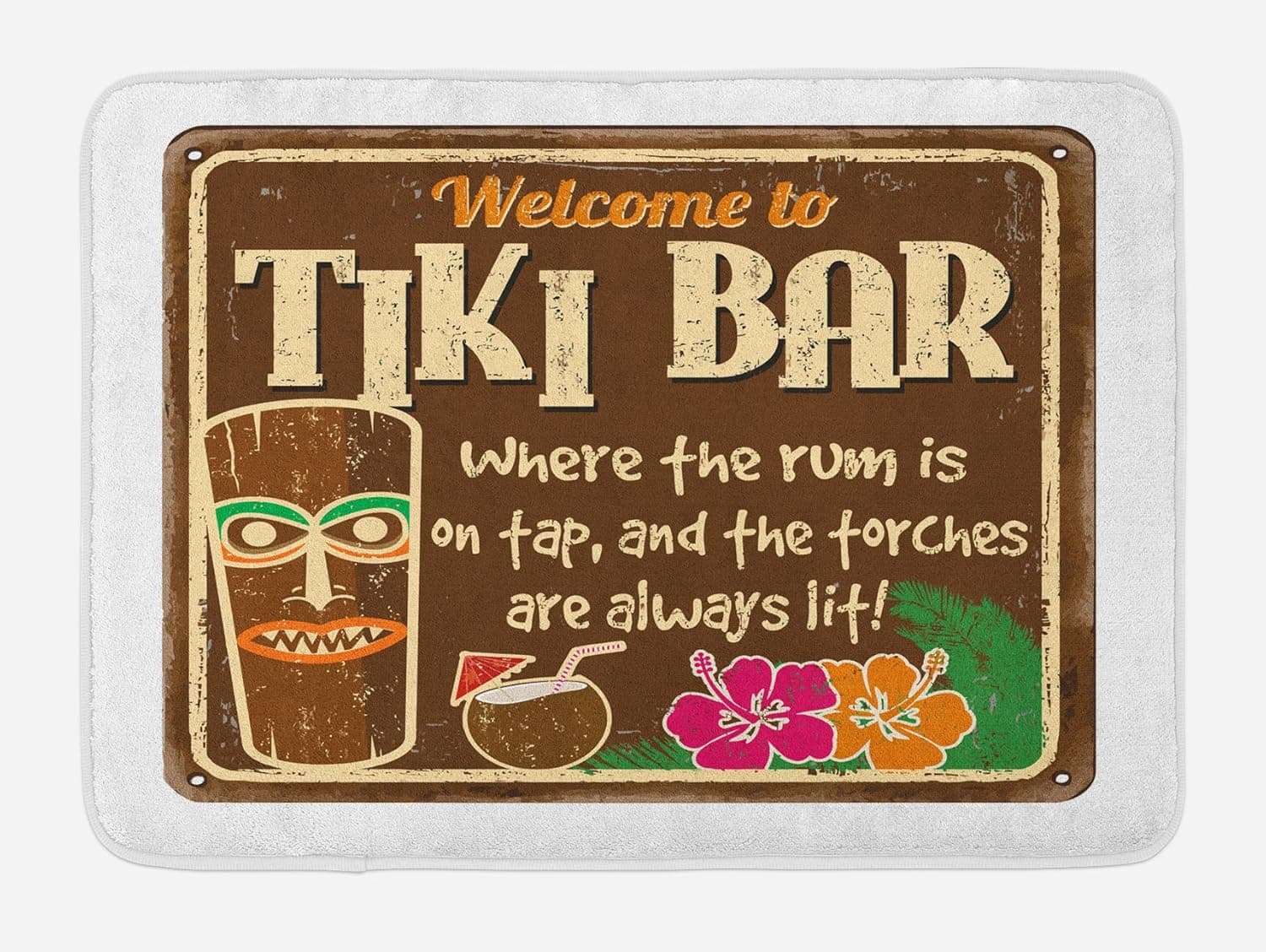 Ambesonne Tiki Bar Bath Mat, Aged Old Frame Sign of Tiki Bar with Inspirational Words Leisure Travel Print, Plush Bathroom Decor Mat with Non Slip Backing, 29.5" X 17.5", Brown Cream