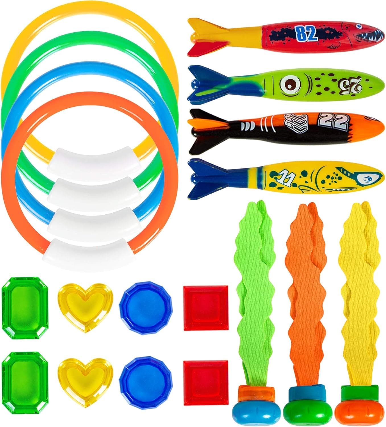 YHmall Diving Pool Toys Set, 19 Pcs Diving Toys for Pool for Kids Pool Toys with Diving Rings Torpedo Seaweeds Gems,Underwater Swimming Gift Set