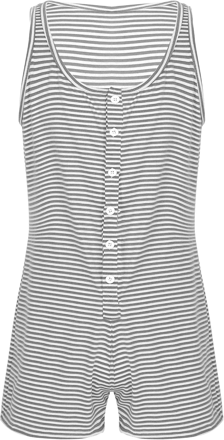 Freebily Men's Striped One Piece Pajama Union Suit Underwear Sleeveless Romper Short Jumpsuit Sleepwear