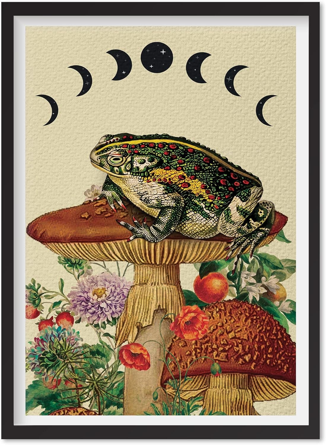 LUUSHOME Vintage Frog Mushroom Wall Art Prints,Cute Frog Mushroom Moon Phase For Kids Classroom Retro Creativity Nature Illustration Print Wall Art Picture for Living Room Home Decoration Unframed