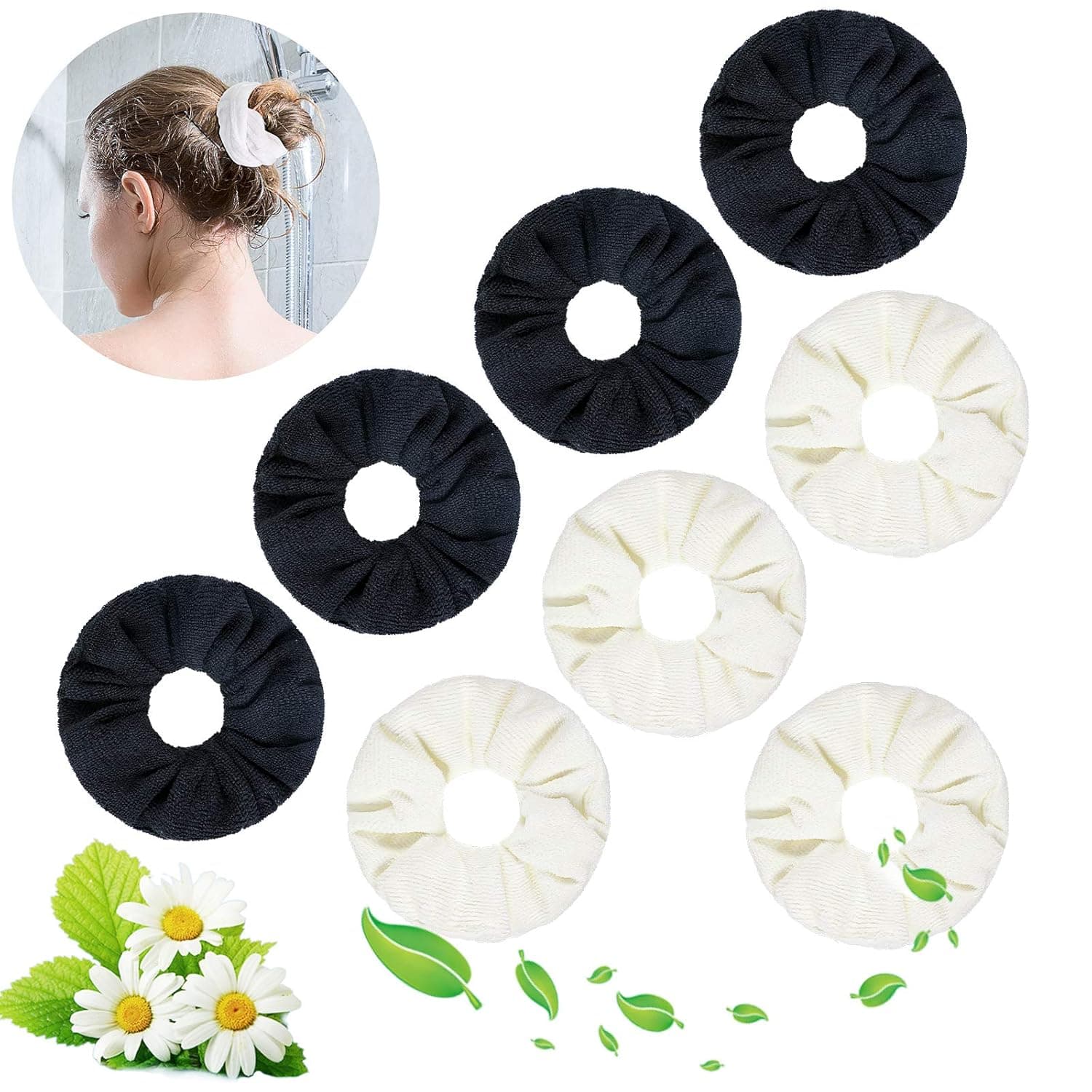 8 Pieces Soft Microfiber Towel Hair Scrunchies Microfiber Hair Drying Scrunchies Soft Thick Fuzzy Scrunchy Hair Drying Bands Ponytail Holder for Hair Drying, White and Black