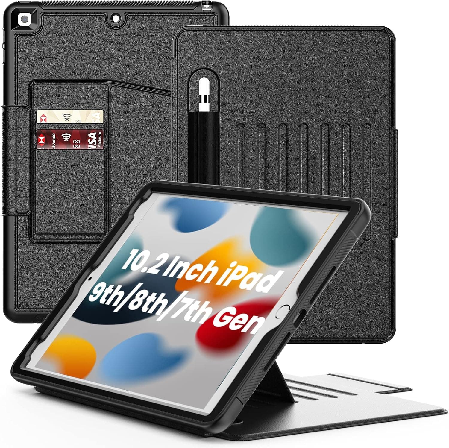 SEYMAC iPad 9th/8th/7th Generation 10.2 Inch 2021/2020/ 2019, Smart Magnetic Auto Sleep Shockproof Protective Case with Stable Stand/Pencil Holder/Card Slot for iPad 10.2 Inch, Black