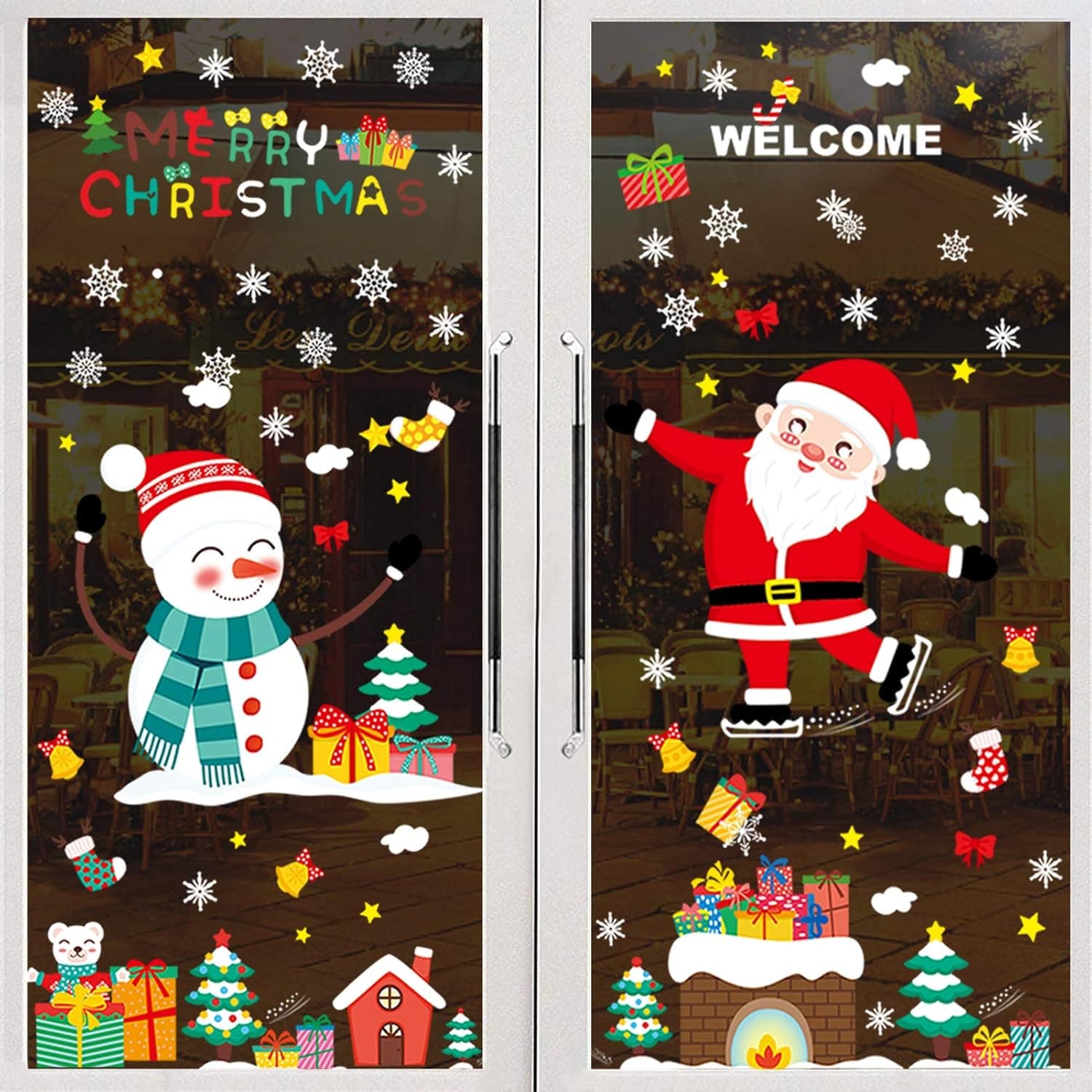 GWHOLE 8 Sheets Christmas Window Clings Snowflake Santa Claus Decals for Christmas Winter Holiday Window Glass Decorations