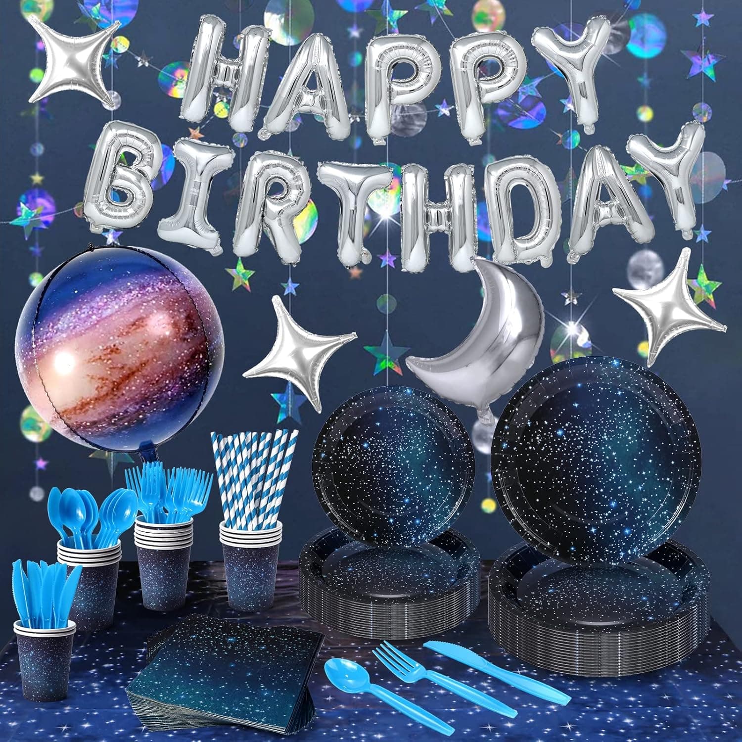 Golray Galaxy Birthday Party Supplies Outer Space Decorations for Kids Boy Birthday Party with Moon Star & Happy Birthday Foil Balloons, Glitter Hanging Decor, Tablecloth, Tableware Serves 16 Guest