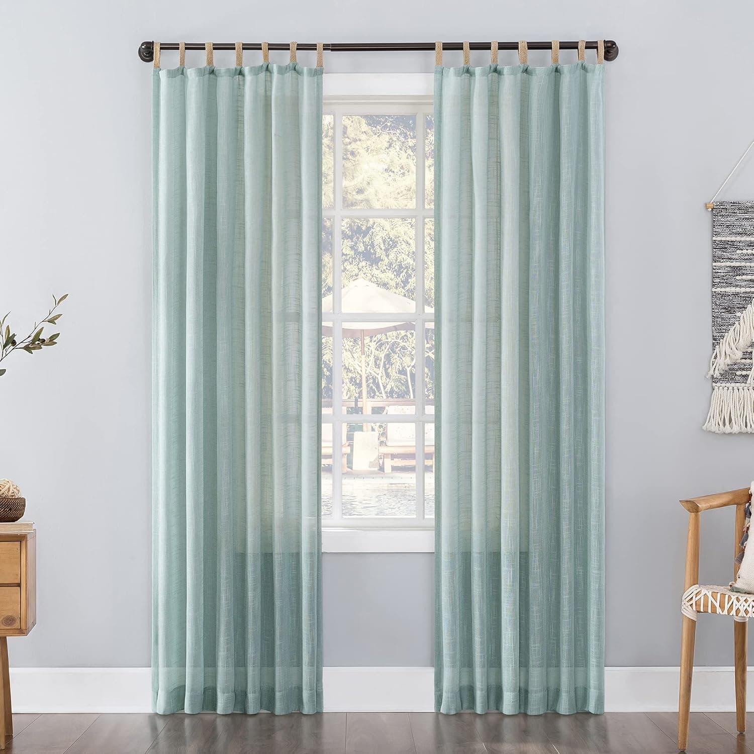 No. 918 Bondi 2-pack Linen Texture Jute Tabs Semi-Sheer Tab Top Curtain Panel Pair, 50" x 84", Soft Teal