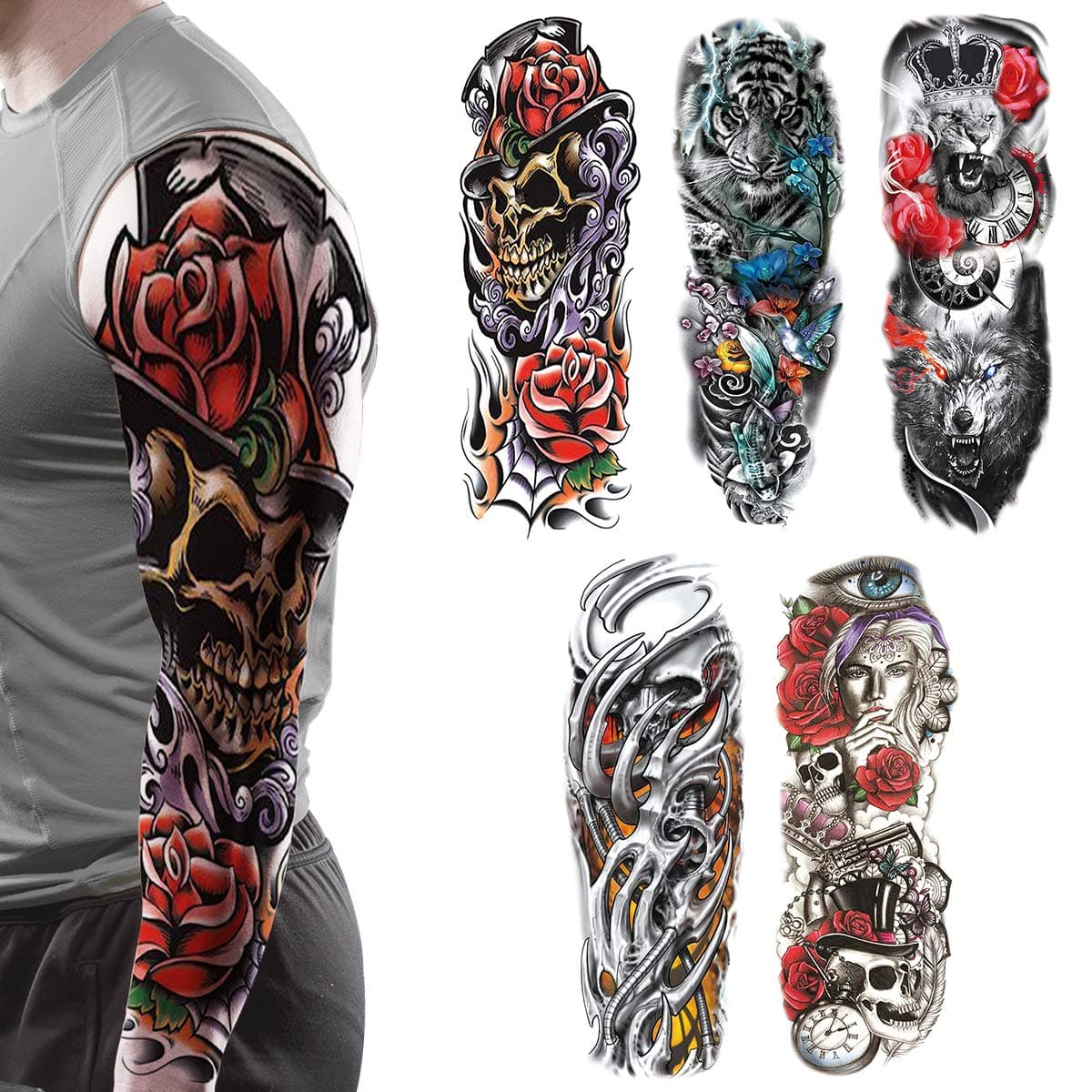 Full Arm Temporary Tattoo, 5 Sheets Temporary Tattoo Black tattoo Body Stickers for Man Women.