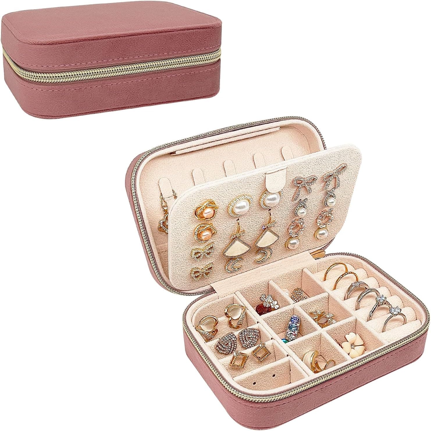Soddeph Velvet Travel Jewelry Box, 2 Layer Travel Jewelry Case, Portable Travel Jewelry Organizer Box for Women Girls (Pink)