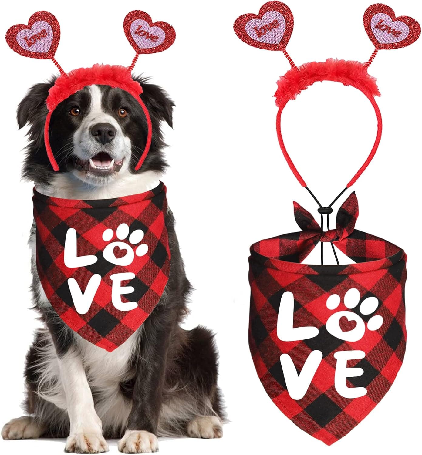 JOTFA Valentine's Day Dog Bandana Costumes, Valentines Love Headband Buffalo Plaid Dog Valentines Bandanas for Small Medium Large Dogs