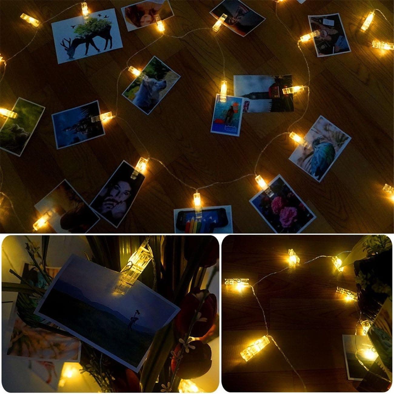 AOAVE 50 LED Photo Clips bedroom String Lights,Indoor decoration wall Fairy Lights for Bedroom Hanging Photos Pictures,Cards and Artworks battery operated with Remote Control (20.5ft, Warm White)