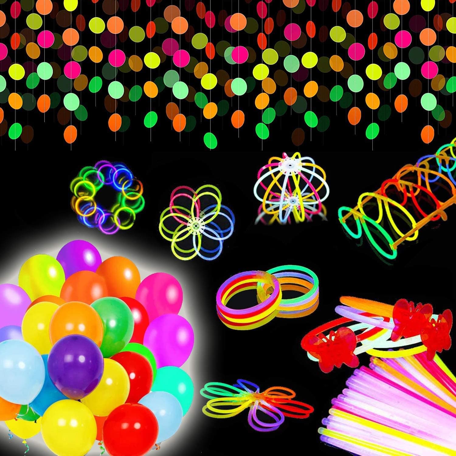 KUHTEM Glow Party Favor Pack for Kids and Adults, Glow in the Dark Party Supplies with 100 Pack Glow Sticks Bulk, 50 Pack LED Light Up Balloons and 52ft Neon Paper Garland Circle Dots Hanging Decoration Pack for Birthday, House Party, Family Union, Anniversary