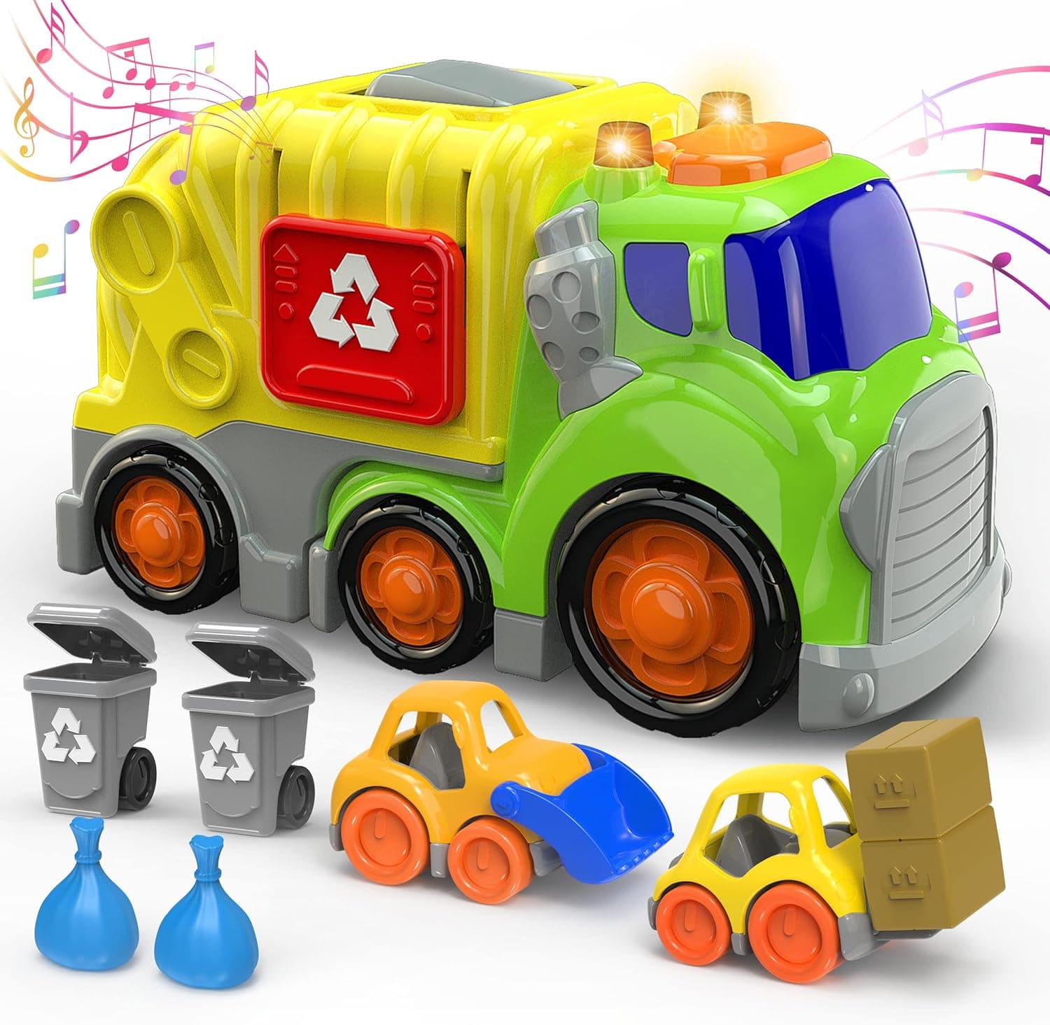 Toddler Car Toy for 2 3 4 5 Years Old, Garbage Truck with 2 Garbage Cans and Bulldozer Forklift, Recycling Truck Toy Set with Light/Sound for Age 2-6 Toddlers Kids Boys & Girls Christmas Birthday Gift