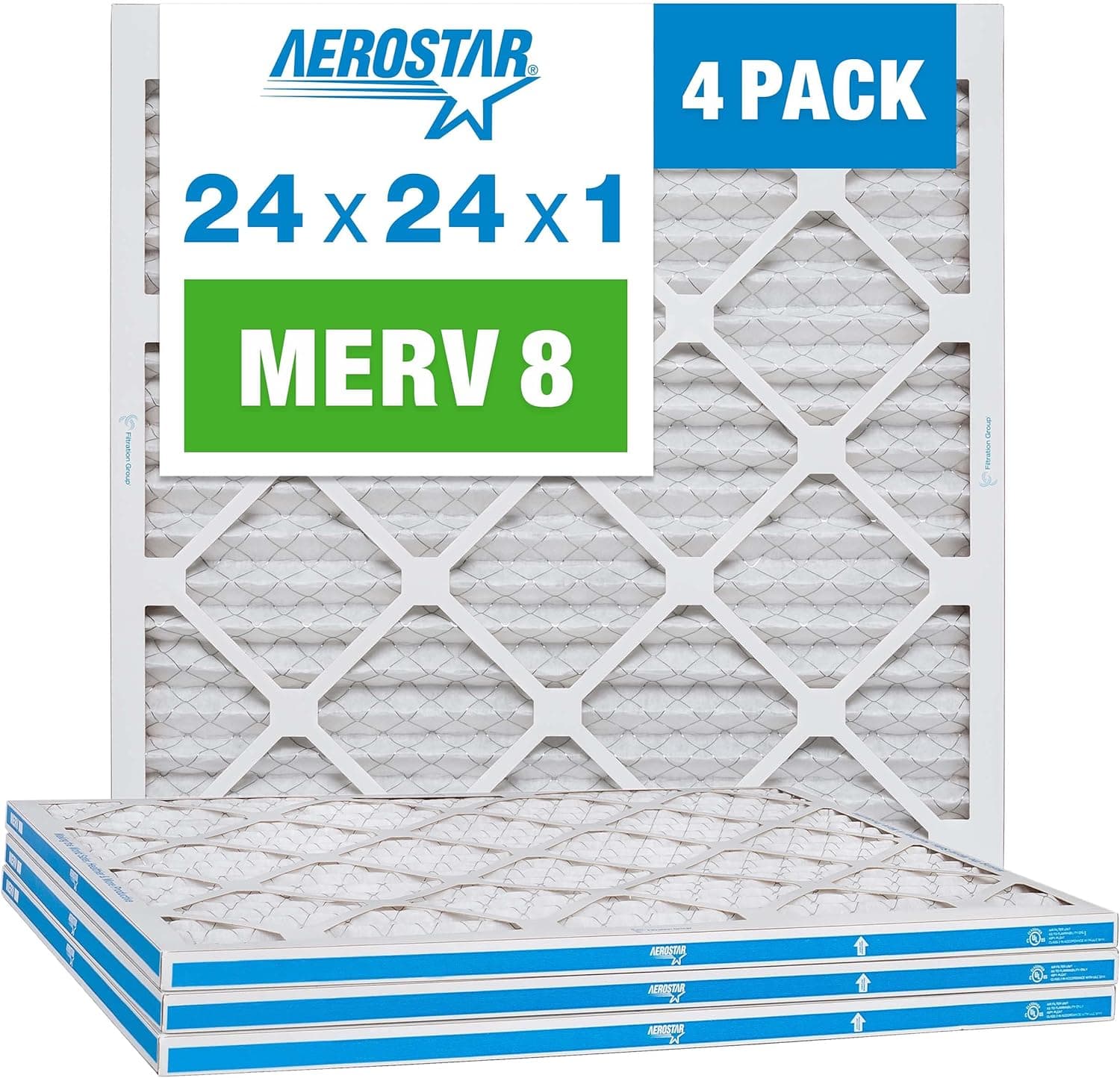 Aerostar 24x24x1 MERV 8 Pleated Air Filter, AC Furnace Air Filter, 4 Pack (Actual Size: 23 3/4"x23 3/4"x3/4")