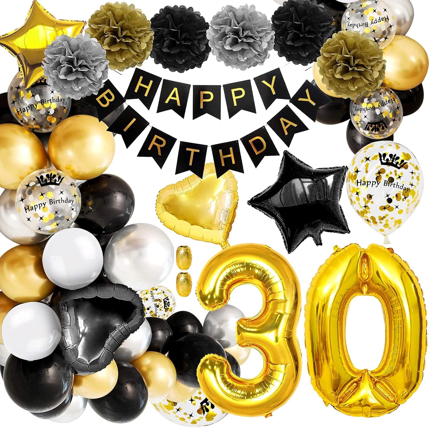 30th Birthday Decorations For Women & Men With Happy Birthday Banner & Flower Ball, 30th Birthday Balloons 30 Year Old Party Decorations Supplies, Black And Gold Happy Birthday Decor For Girls & Boys