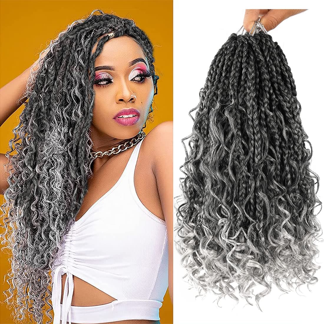 Fayasu Boho Box Braids Crochet Hair 8 Packs Goddess Box Braids Crochet Hair 14 Inch Bohemian Braiding Hair Box Braids with Curly Ends Pre-looped Synthetic Crochet Hair for Black Women T/grey