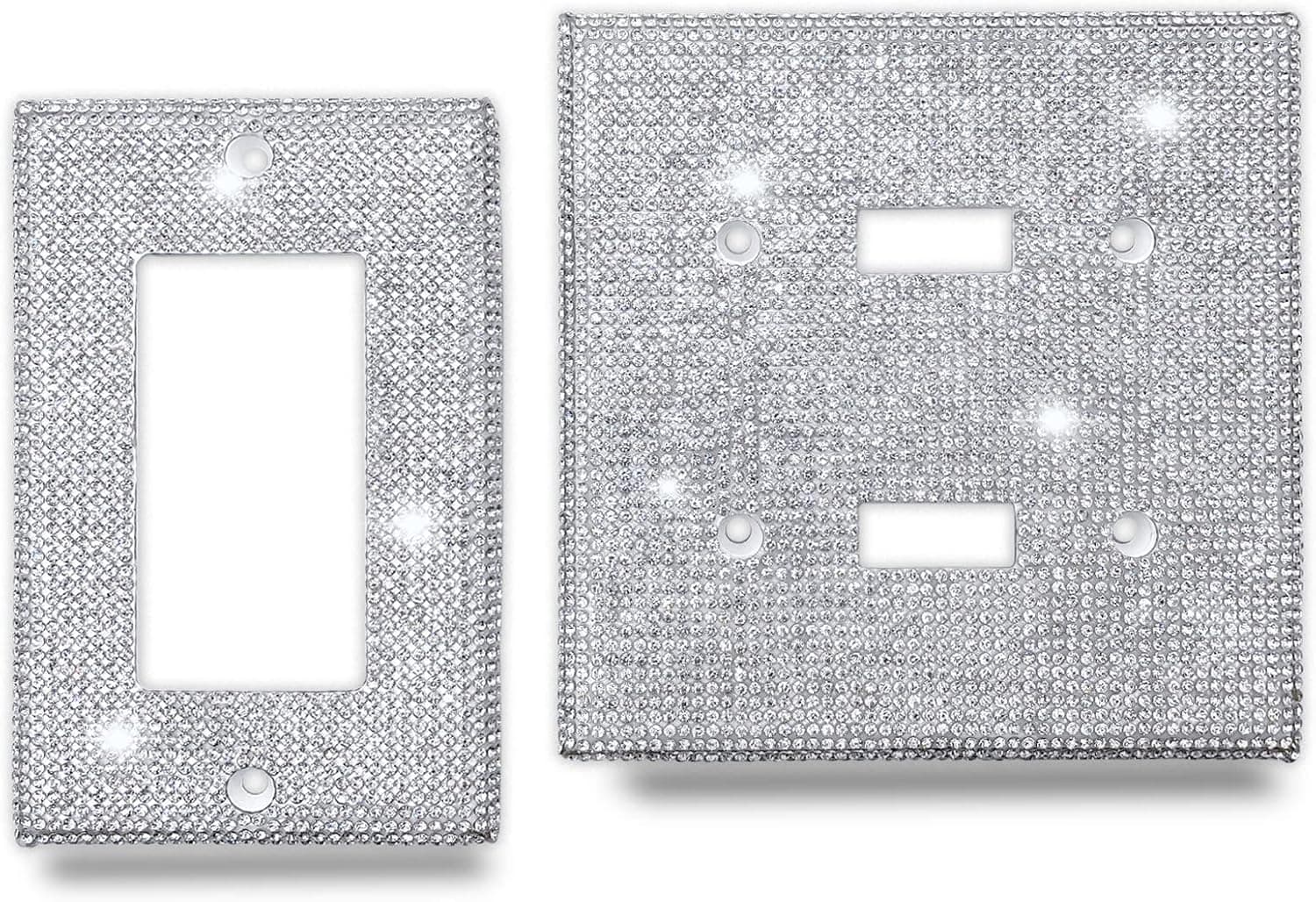 2 Pack Shiny Silver Rhinestones Switch Wall Plate Cover, Single and Double Gang Toggle Decorative Outlet Light Switch Cover Decorator Bling Crystal for Home Kitchen Bedroom, 2 Sizes, Silver