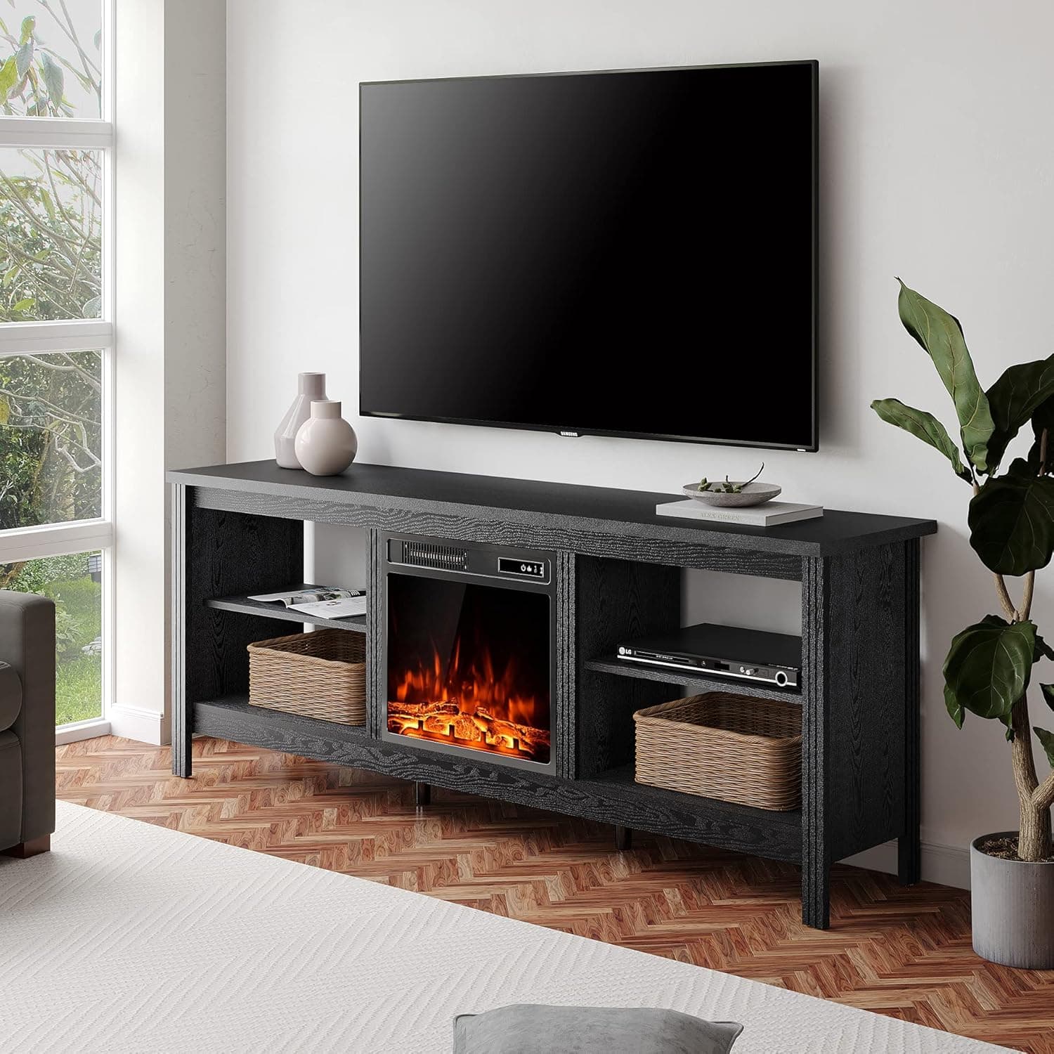 WAMPAT Fireplace TV Stand for 80 Inch TV Entertainment Center, Farmhouse Electric Fire Place Wood TV Console Table Cabinet with 4 Storages for Living Room Bedroom, 70'' Black