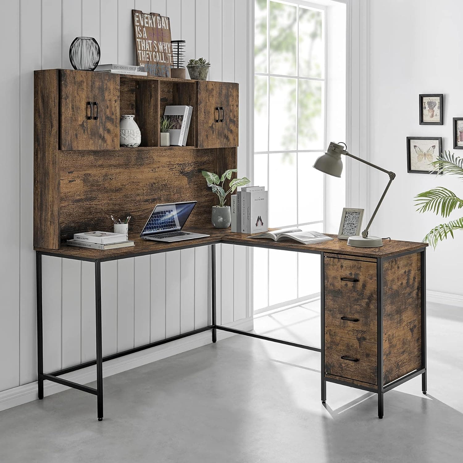 Fineboard, Rustic Brown L-Shaped Desk with Hutch and Storage Cabinets and shelfs with 3 Drawers
