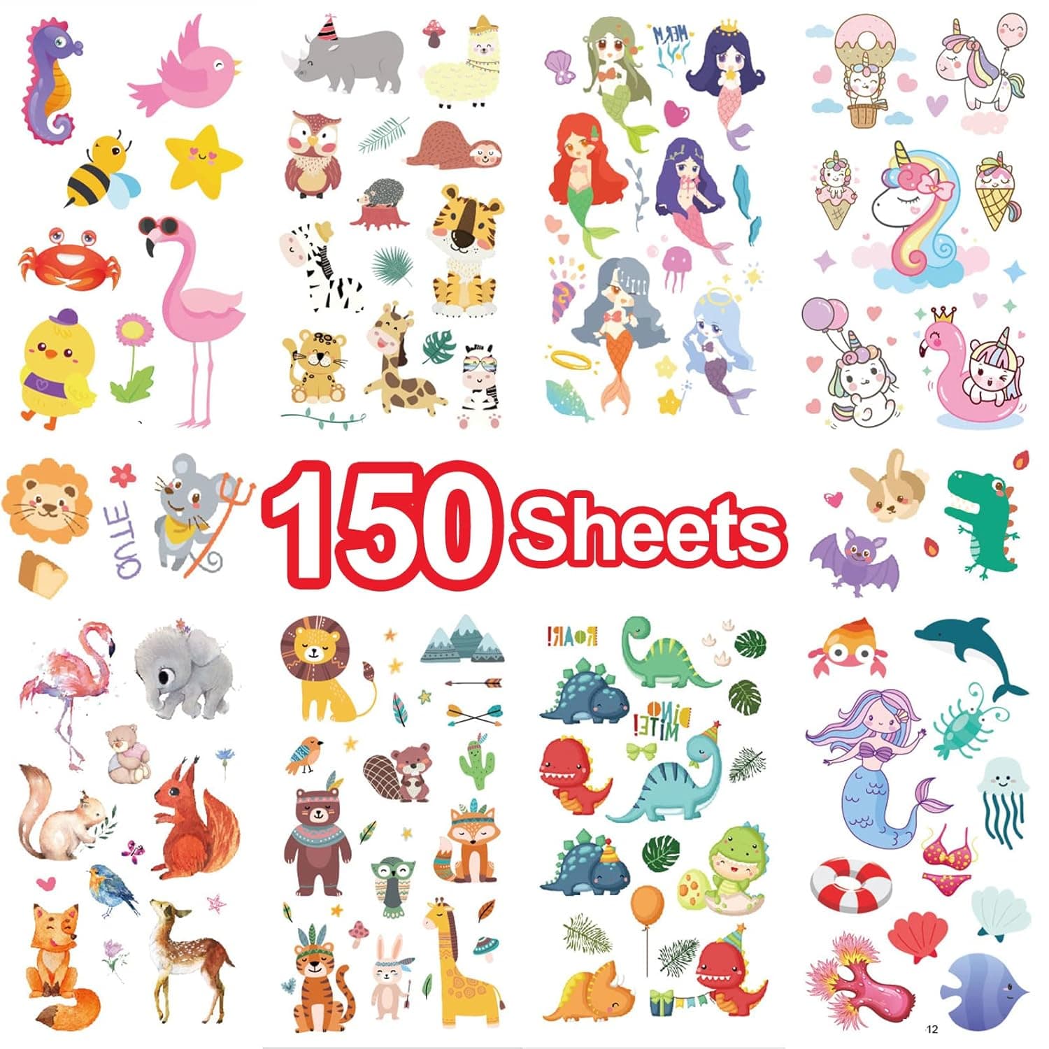Metker 150 sheets(1700 patterns) Kids Waterproof Temporary Tattoos Children's Temporary Tattoo Toys,Unicorn Animals Suitable For Birthday Parties,Group Activities,Toy Patterns Goody Bag Stuffers