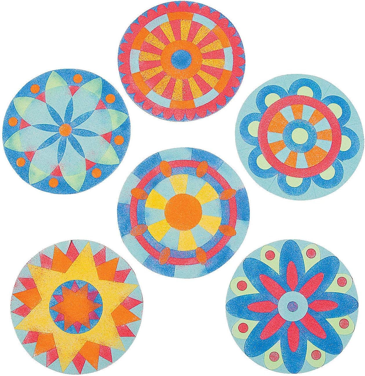 Fun Express Mandala Sand Art Kits for Kids, Makes 24 - DIY Craft Sand Painting Kit Includes Includes 1 Bag of Yellow, Orange, Blue, red, Green and Aqua Sand