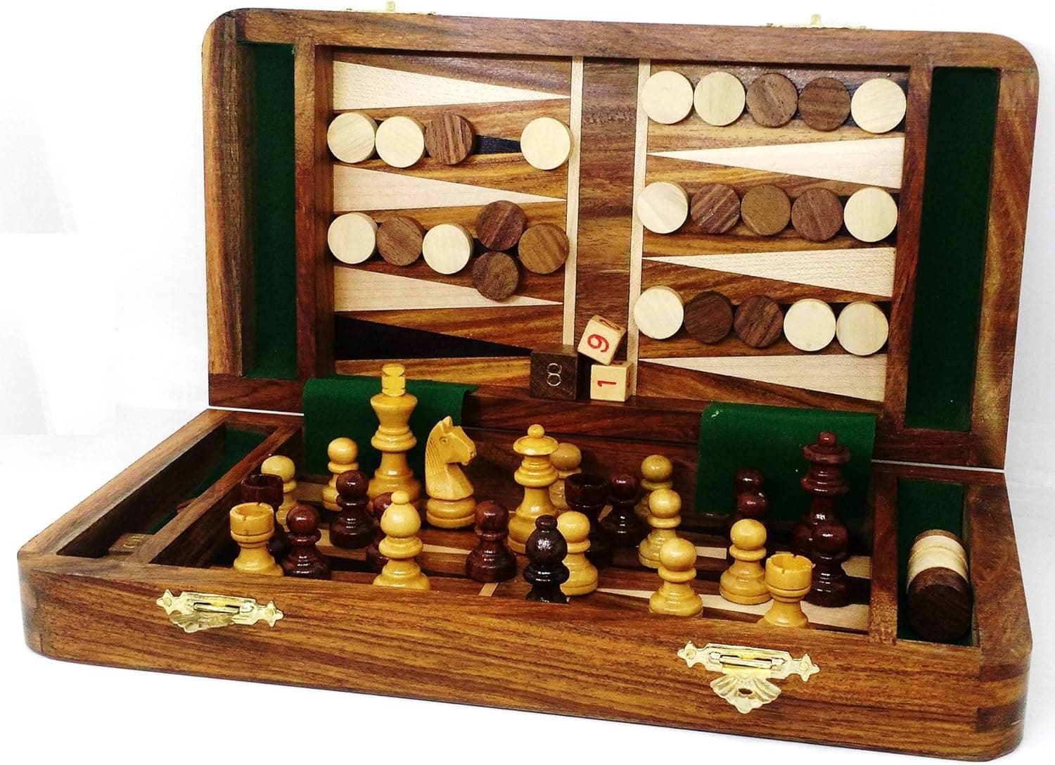 RoyalChessMall- 2 in 1 Magnetic Travel Chess & Backgammon Set in Golden Rosewood 10 inches
