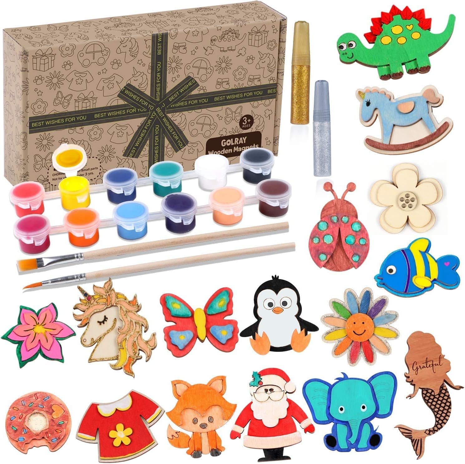 16 Wooden Magnets Painting Crafts Kit Arts and Crafts for Kids Girls Toldders 4 5 6 7 8 Paint Your Own Wooden Magnet Arts and Crafts Party Favors