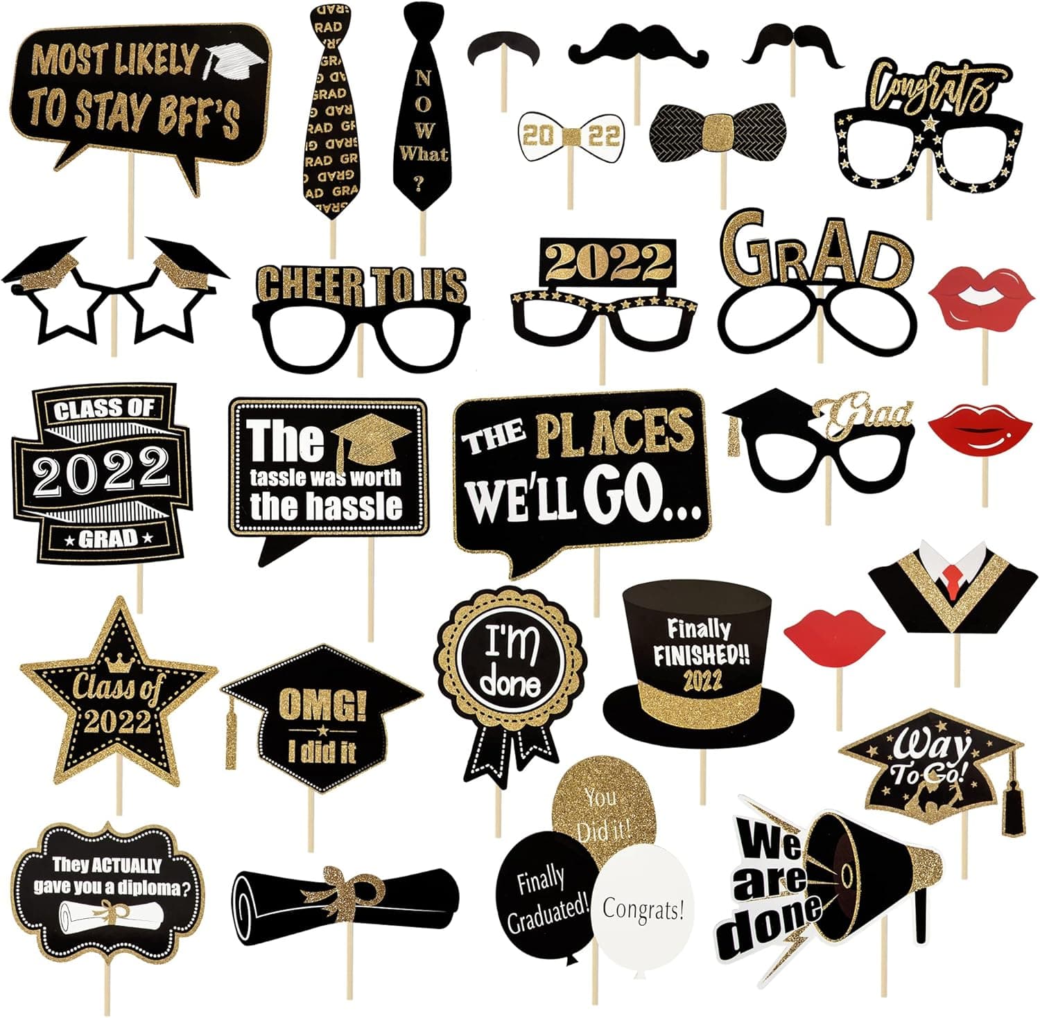 Unves Graduation Photo Booth Props 2023-Pack of 30, Graduation Props Class of 2023 Grad Decor with Sticks, Black and Gold Picture Props for Graduation Party Favors Supplies Decorations Kit