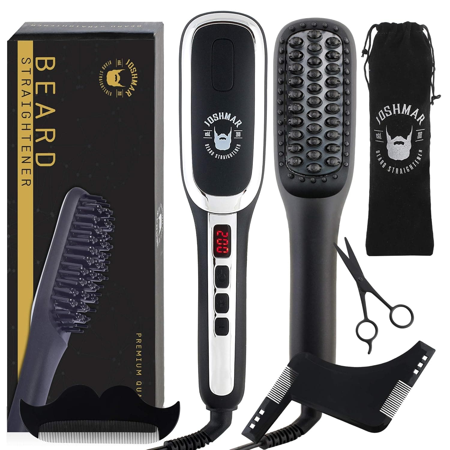 JOSHMAR Beard Straightener for Men - Ionic Ceramic Heater w/Anti-Scald Technology, 6 Temperature Settings, and LED Display. Perfect Heated Beard Comb for Travel and Home.