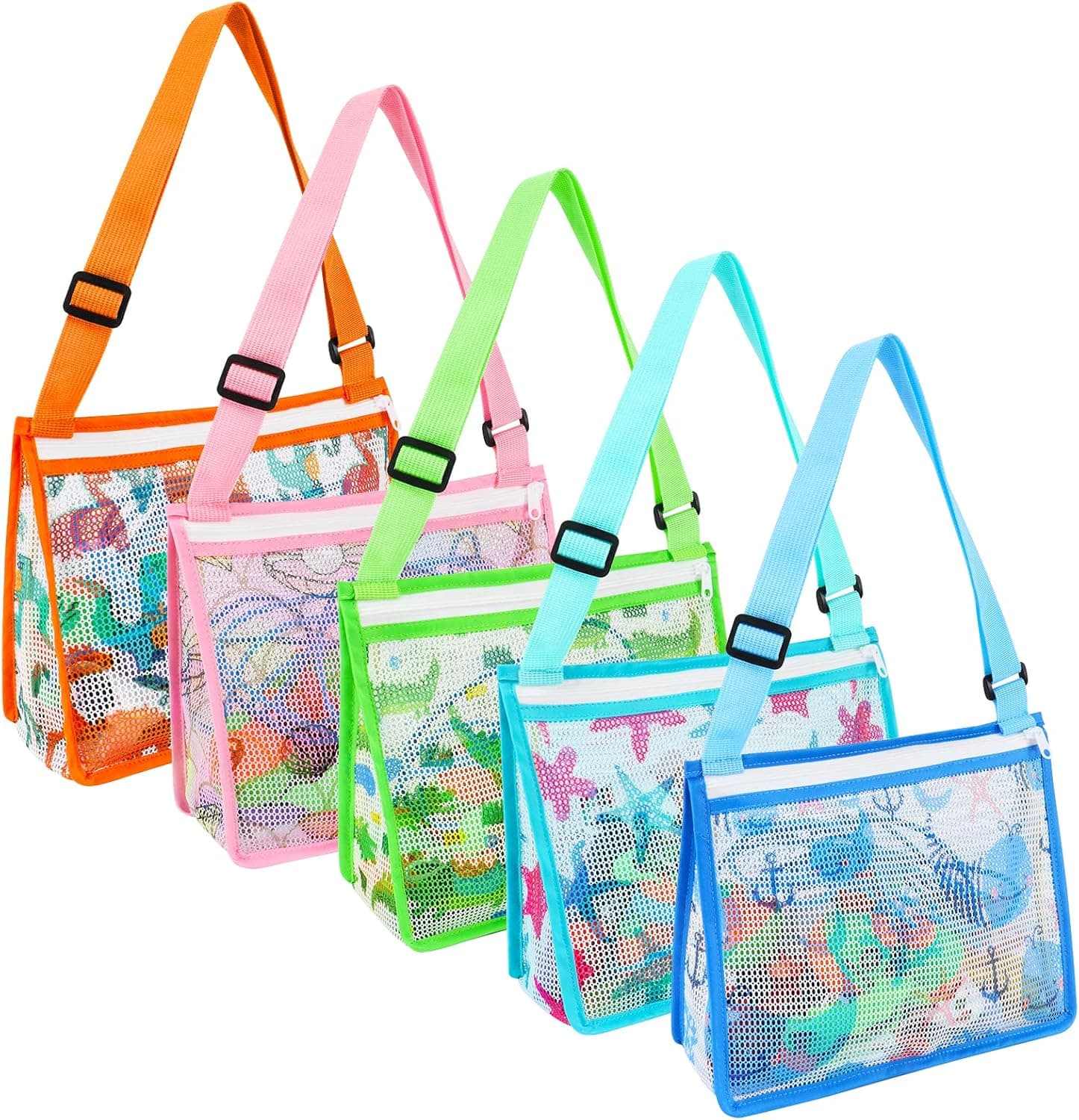 Meetory 5 Pack Mesh Beach Bags Kids Beach Toys, Sea Bags for Picking Up Shells Beach Backpack Storage Bags with Adjustable Straps Sand Toy Totes Swimming Accessories for Boys and Girls