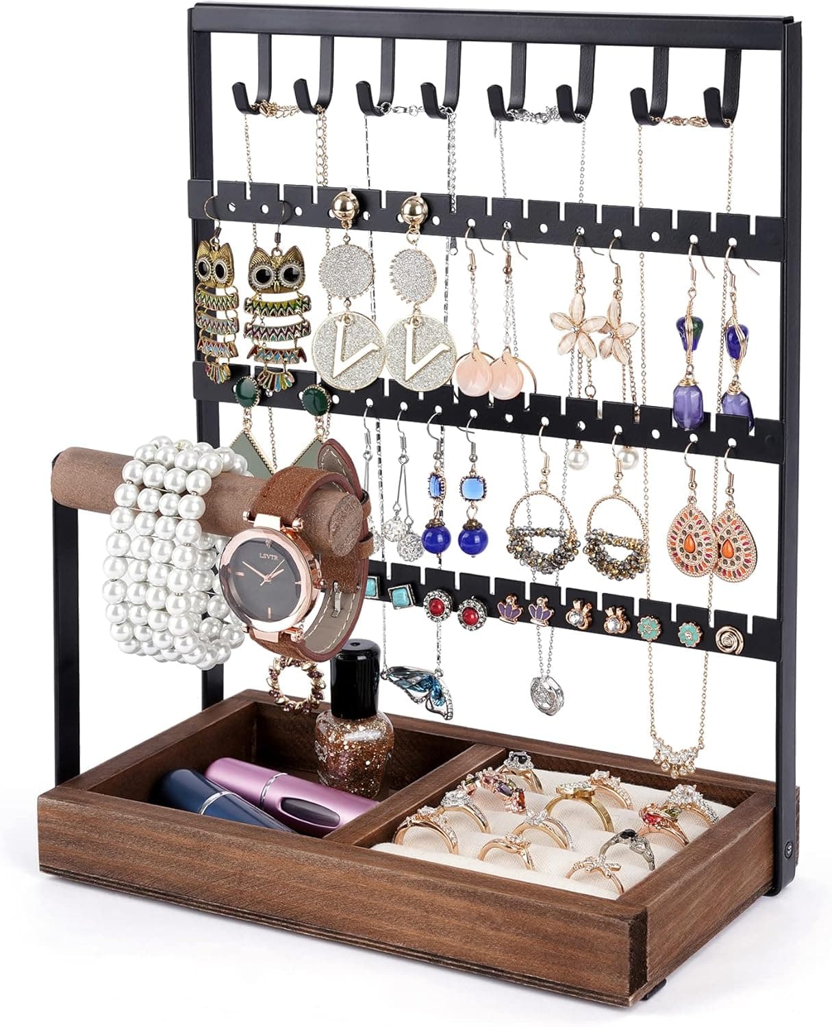 Dhmkfly Earring Organizer 8 Hooks Earring Stand 5-Tier Necklace Hanging Ring Storage Wooden Bar for Bracelets, Rings and Watches on Desk Tabletop black