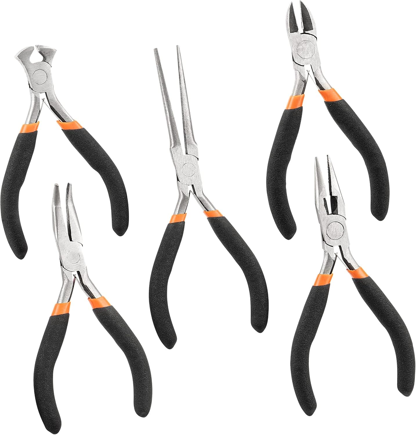 5 Piece Mini Pliers Set - Includes Diagonal Cutting, Long Needle Nose, Long Nose, End Nippers, Bent Nose long nose, For Repairing Small Electronics and Jewelry Making - By RamPro