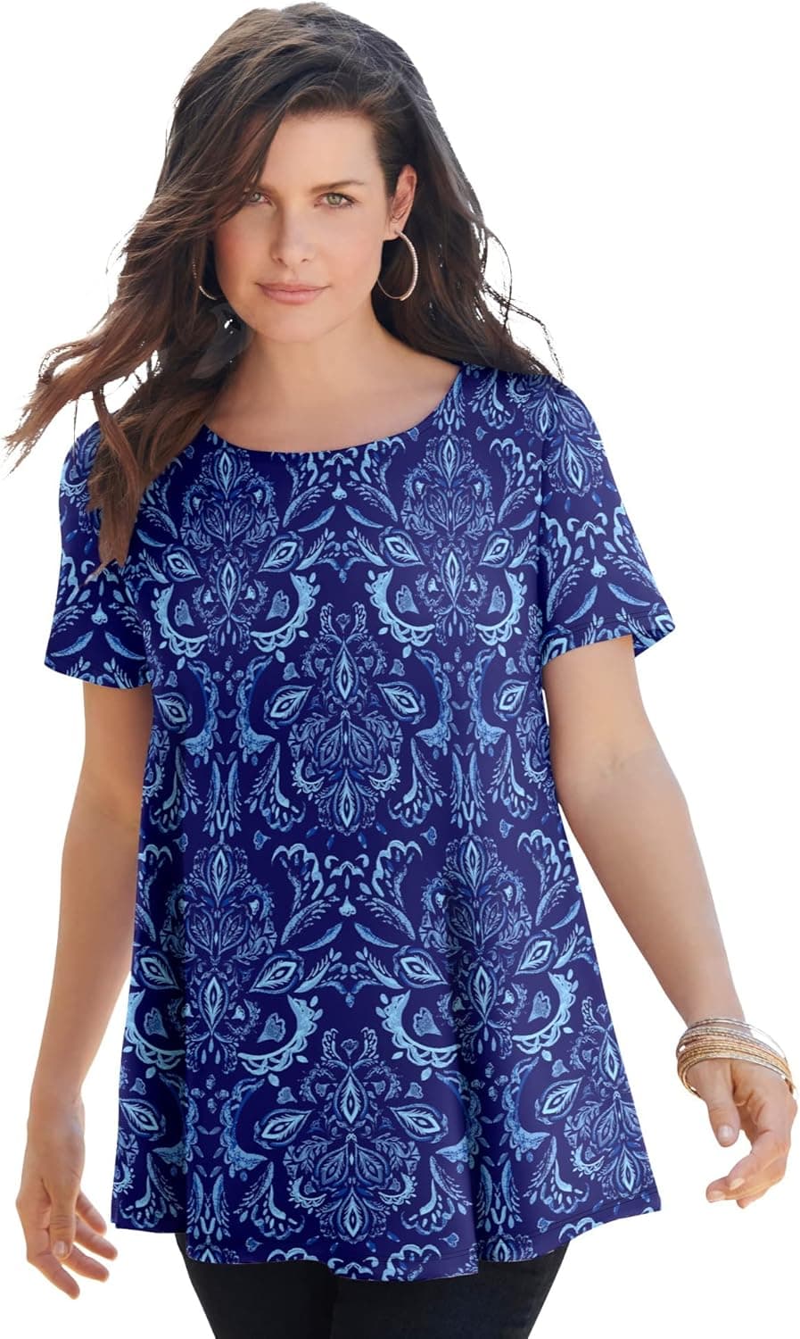 Roaman's Women's Plus Size Swing Ultimate Tee with Keyhole Back Short Sleeve T-Shirt - 2X, Blue Painted Medallion